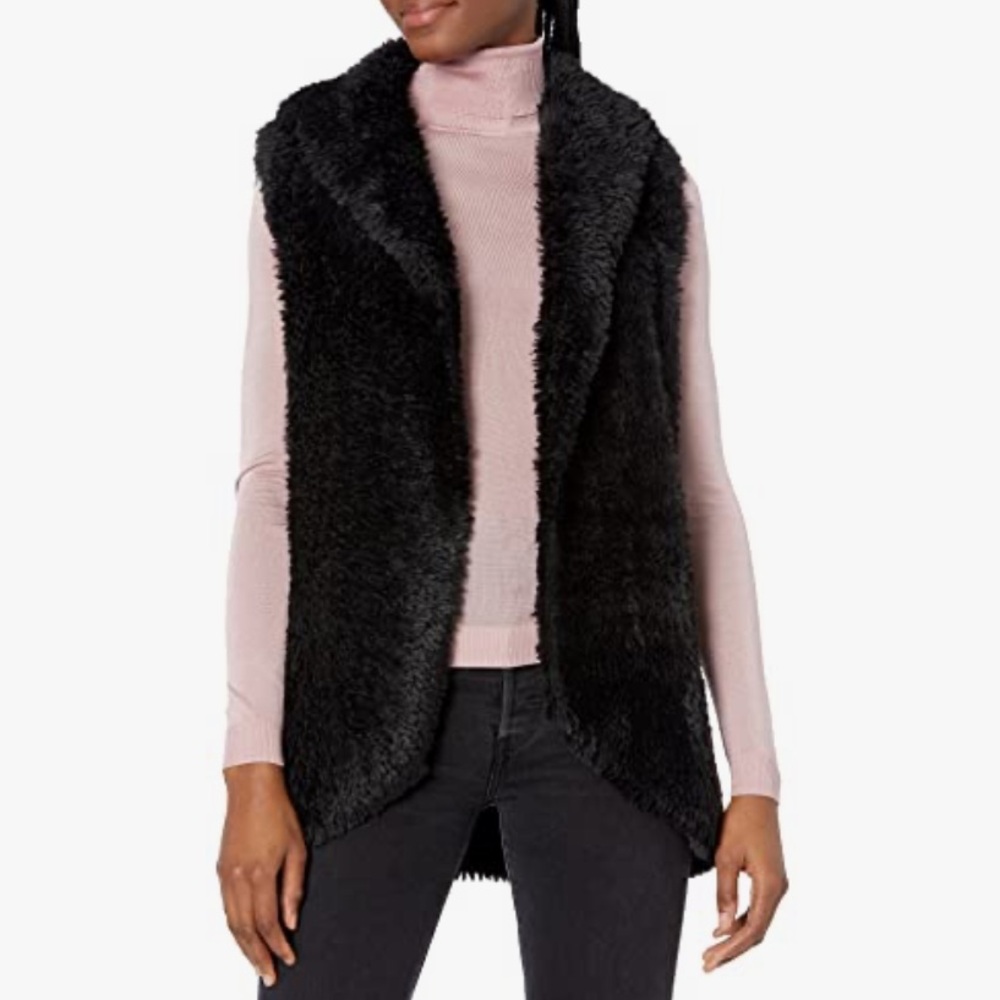 GUESS Women's Sleeveless Raffaella Faux Fur Vest, Jet Black Large NWT
